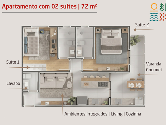 Apartamento novo a venda | 72 metros | Vista mar e montanha | Aruan