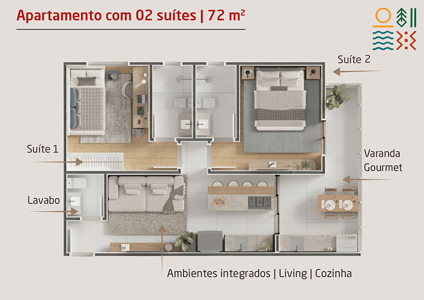 Apartamento novo a venda | 72 metros | Vista mar e montanha | Aruan
