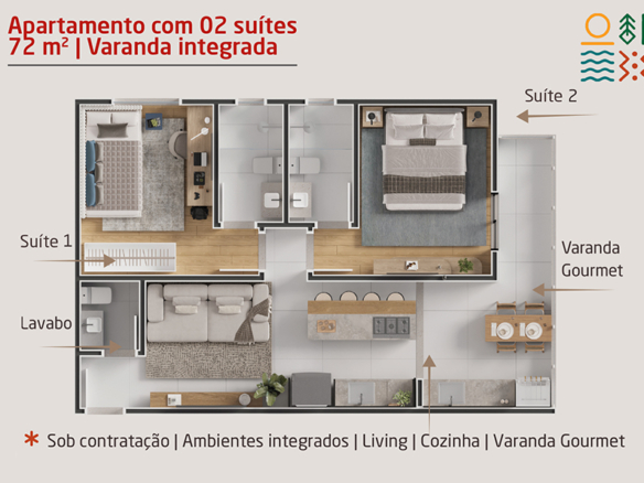 Apartamento novo a venda | 72 metros | Vista mar e montanha | Aruan