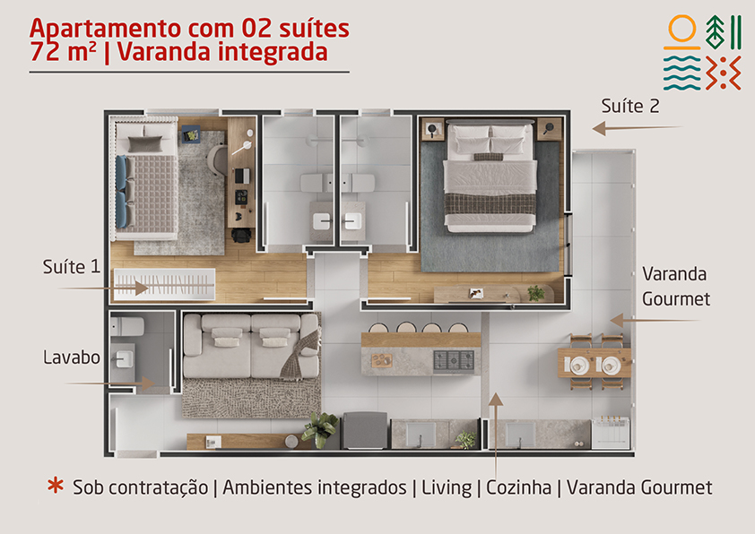 Apartamento novo a venda | 72 metros | Vista mar e montanha | Aruan