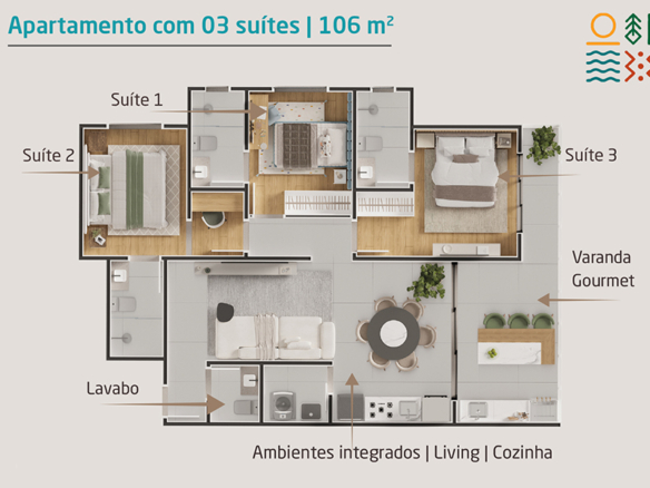 Apartamento novo a venda | 72 metros | Vista mar e montanha | Aruan