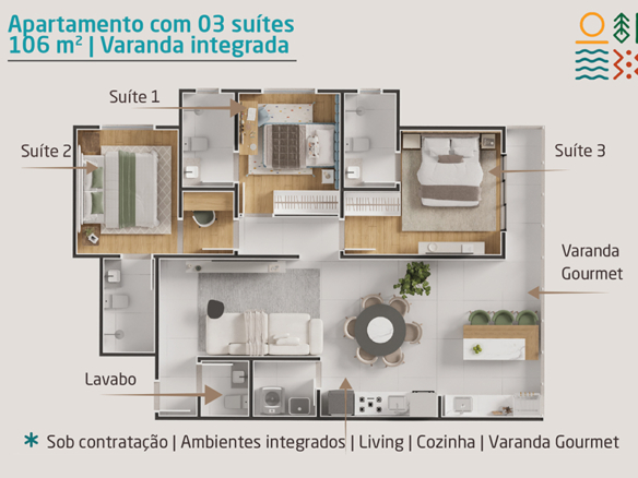 Apartamento novo a venda | 72 metros | Vista mar e montanha | Aruan