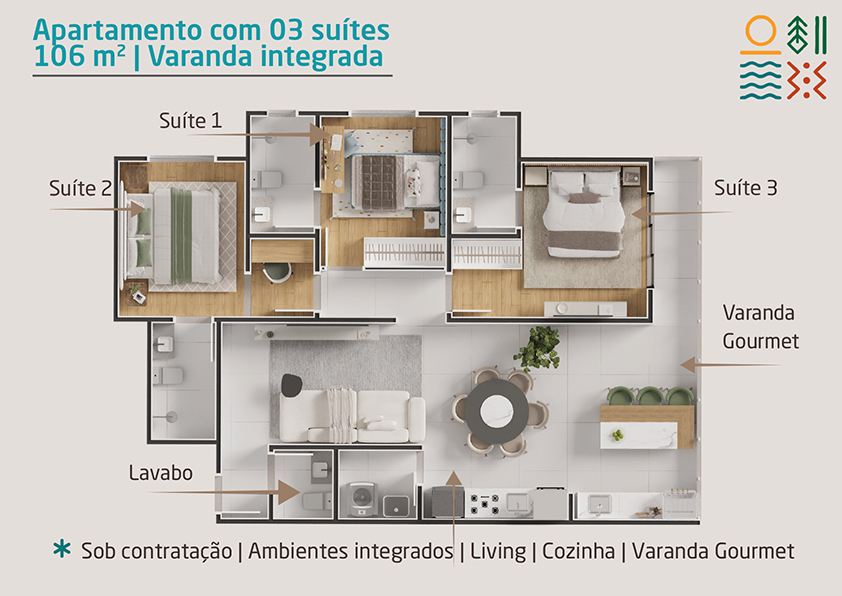 Apartamento novo a venda | 72 metros | Vista mar e montanha | Aruan